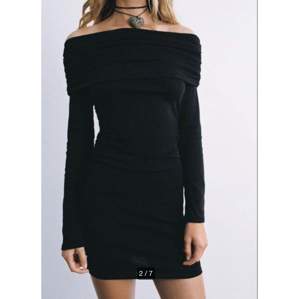 Zara TRF Dress Womens Size Medium Black Off The Shoulder Bodycon Long Sleeve